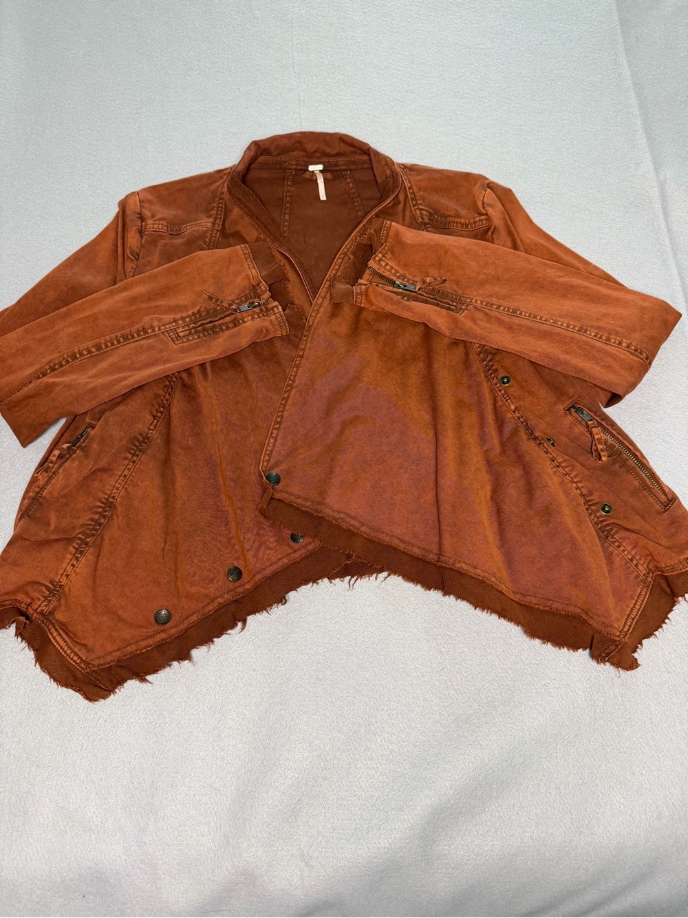 Free People Rust Orange Washed Denim Jacket with Frayed Hem